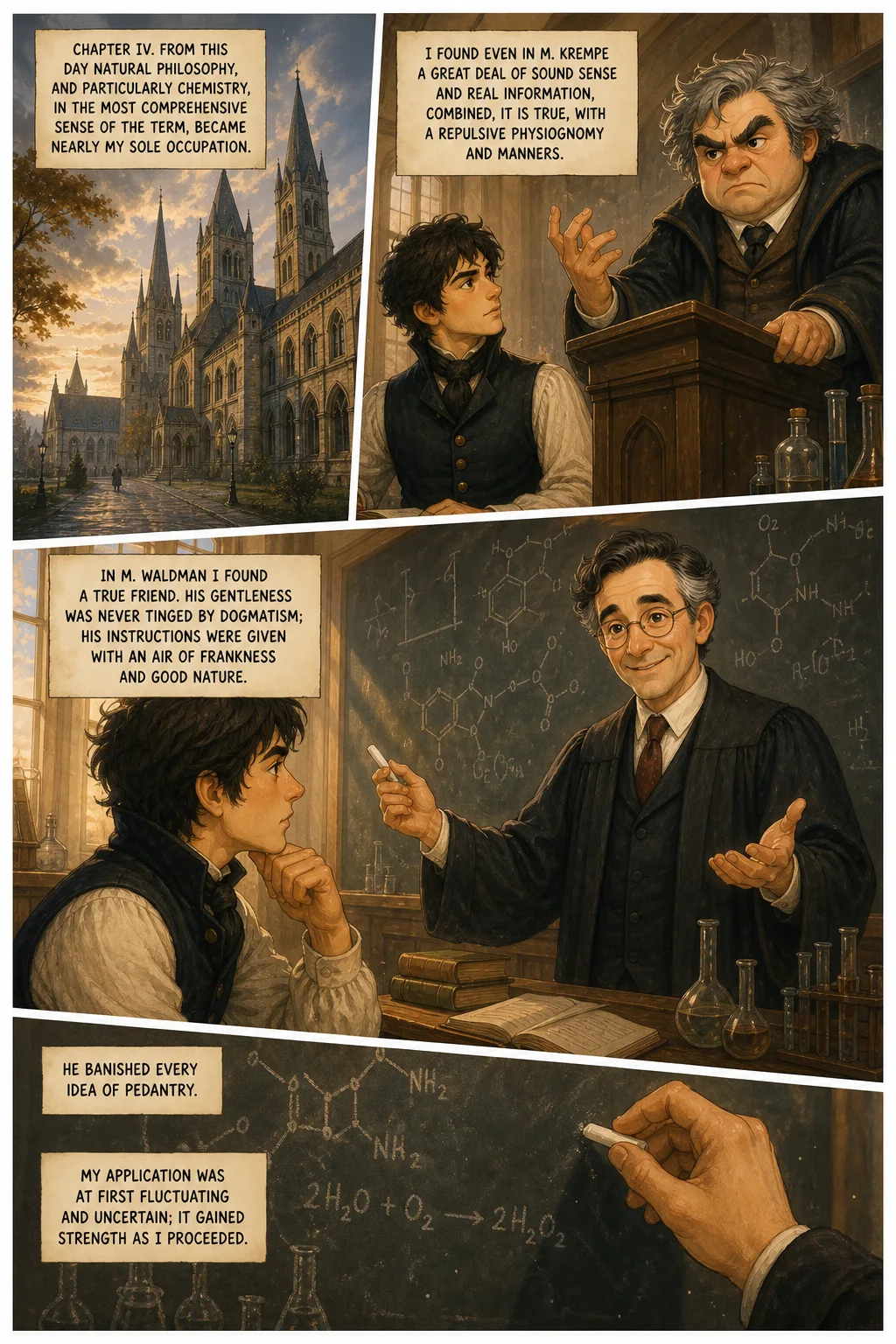 Frankenstein, illustrated page 21: CHAPTER IV. From this day natural philosophy, and particularly chemistry, in the most comprehensive sense of the term, became nearly my sole occupation.