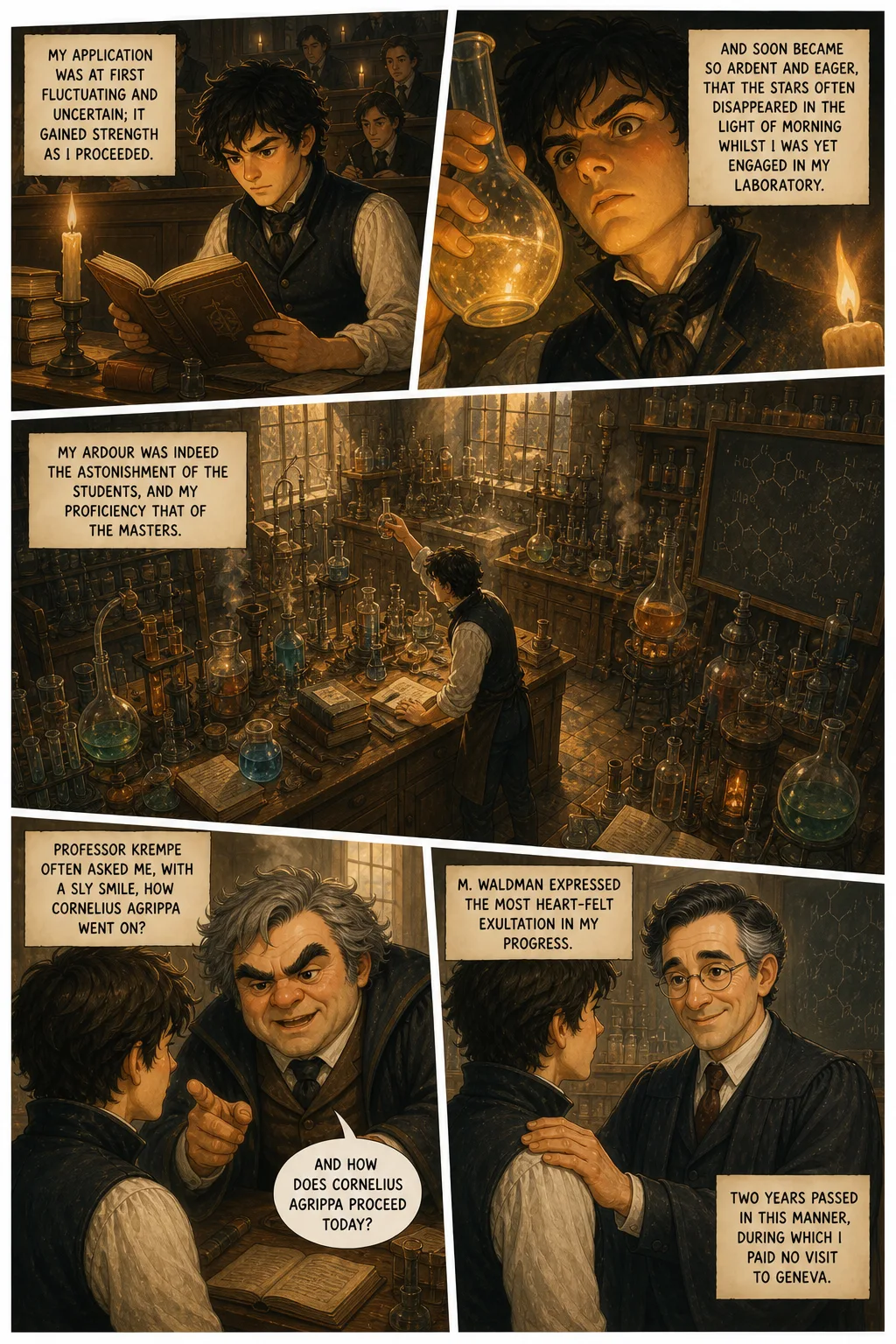 Frankenstein, illustrated page 22: My application was at first fluctuating and uncertain; it gained strength as I proceeded,