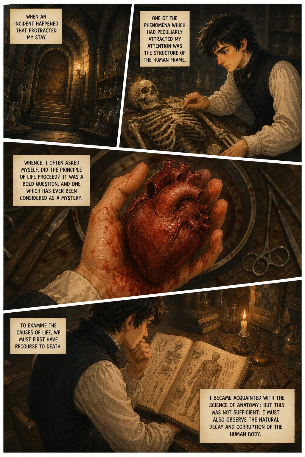 Frankenstein, illustrated page 23: When an incident happened that protracted my stay.