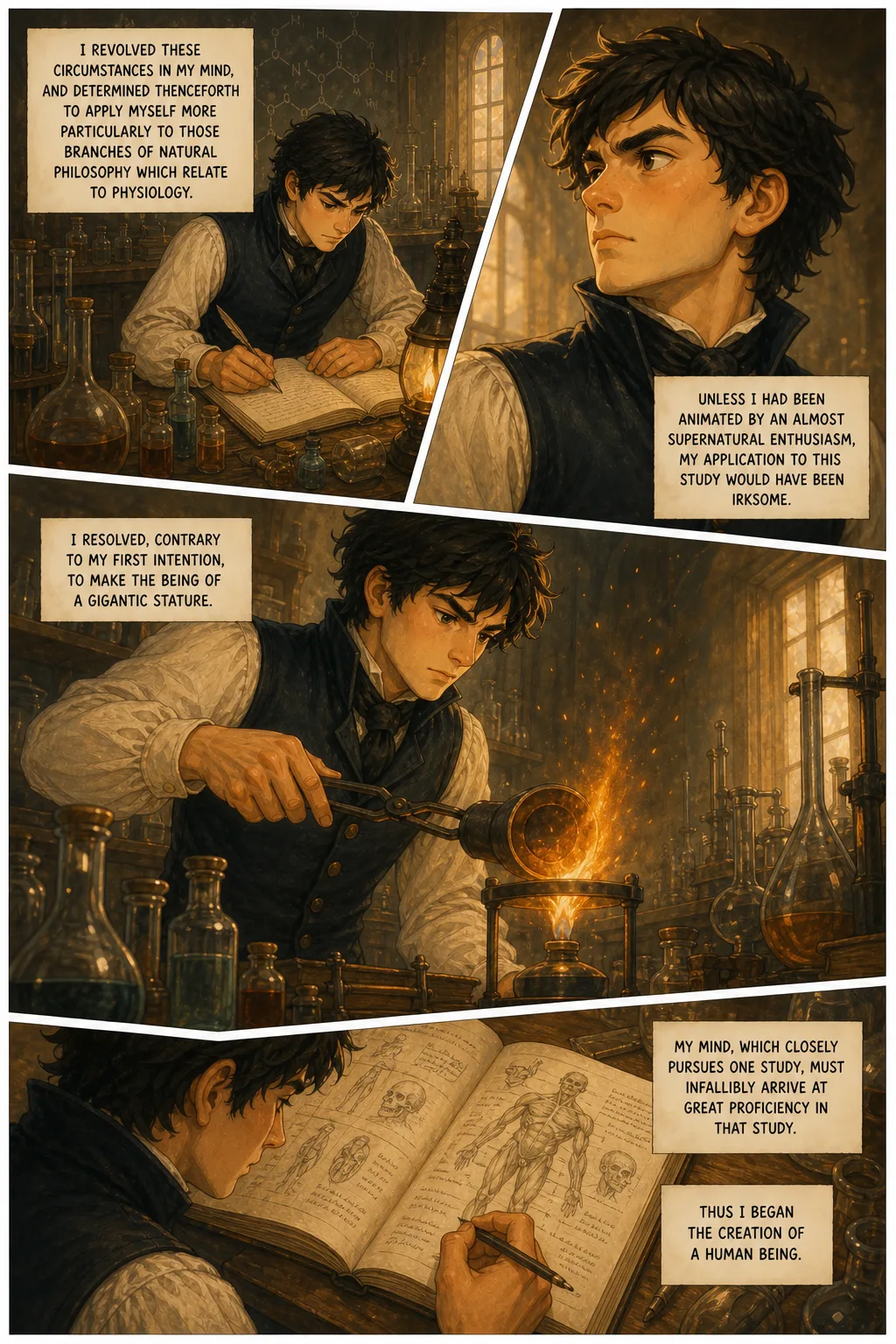 Frankenstein, illustrated page 24: I revolved these circumstances in my mind, and determined thenceforth to apply myself more particularly to those branches of natural philosophy which relate ...