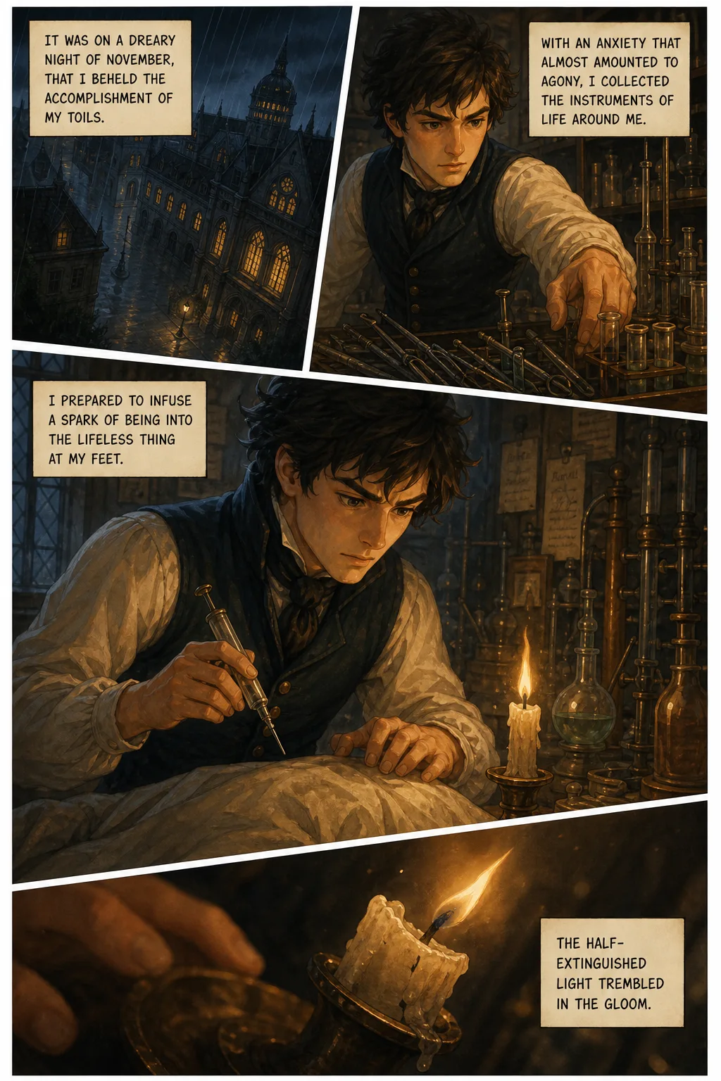 Frankenstein, illustrated page 25: It was on a dreary night of November, that I beheld the accomplishment of my toils.