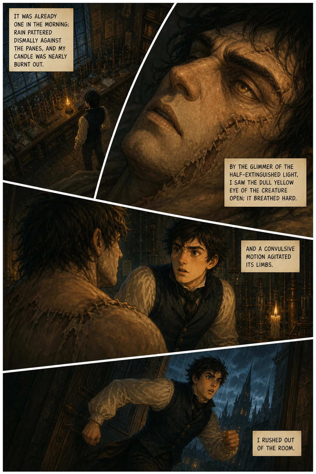 Frankenstein, illustrated page 26: It was already one in the morning; rain pattered dismally against the panes, and my candle was nearly burnt out.