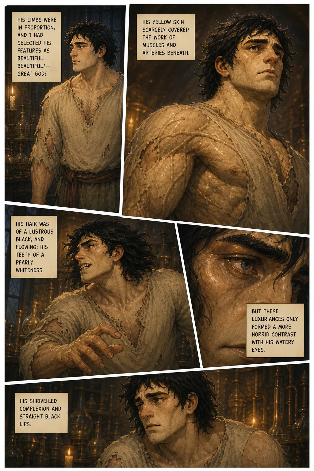 Frankenstein, illustrated page 27: His limbs were in proportion, and I had selected his features as beautiful. Beautiful!—Great God!