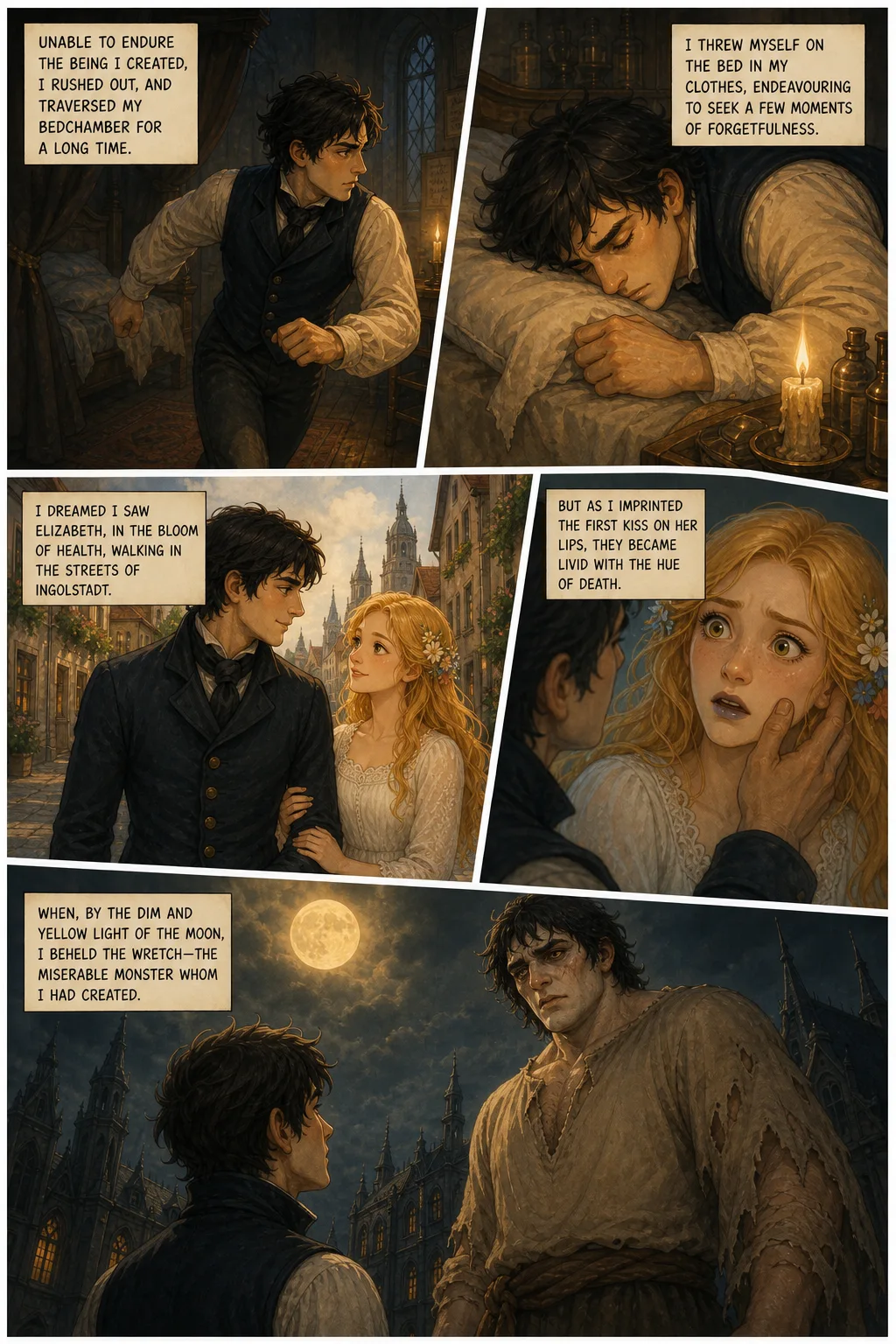 Frankenstein, illustrated page 28: Unable to endure the being I created, I rushed out, and traversed my bedchamber for a long time.