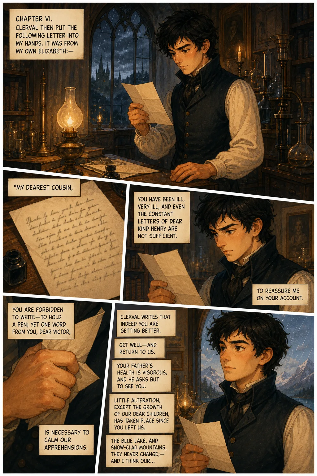 Frankenstein, illustrated page 29: CHAPTER VI. Clerval then put the following letter into my hands. It was from my own Elizabeth:—