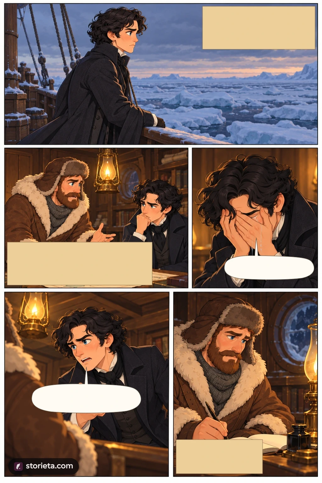Frankenstein, illustrated page 4: From that day he watched the ice for the sledge that fled before his own.