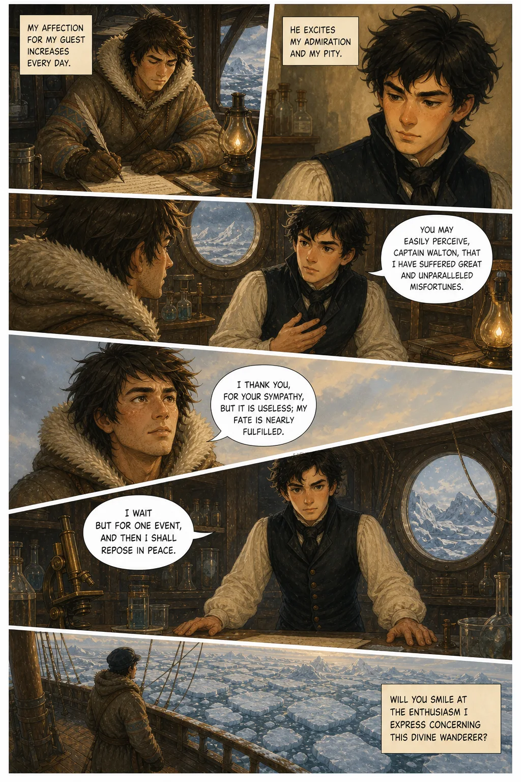 Frankenstein, illustrated page 9: My affection for my guest increases every day.