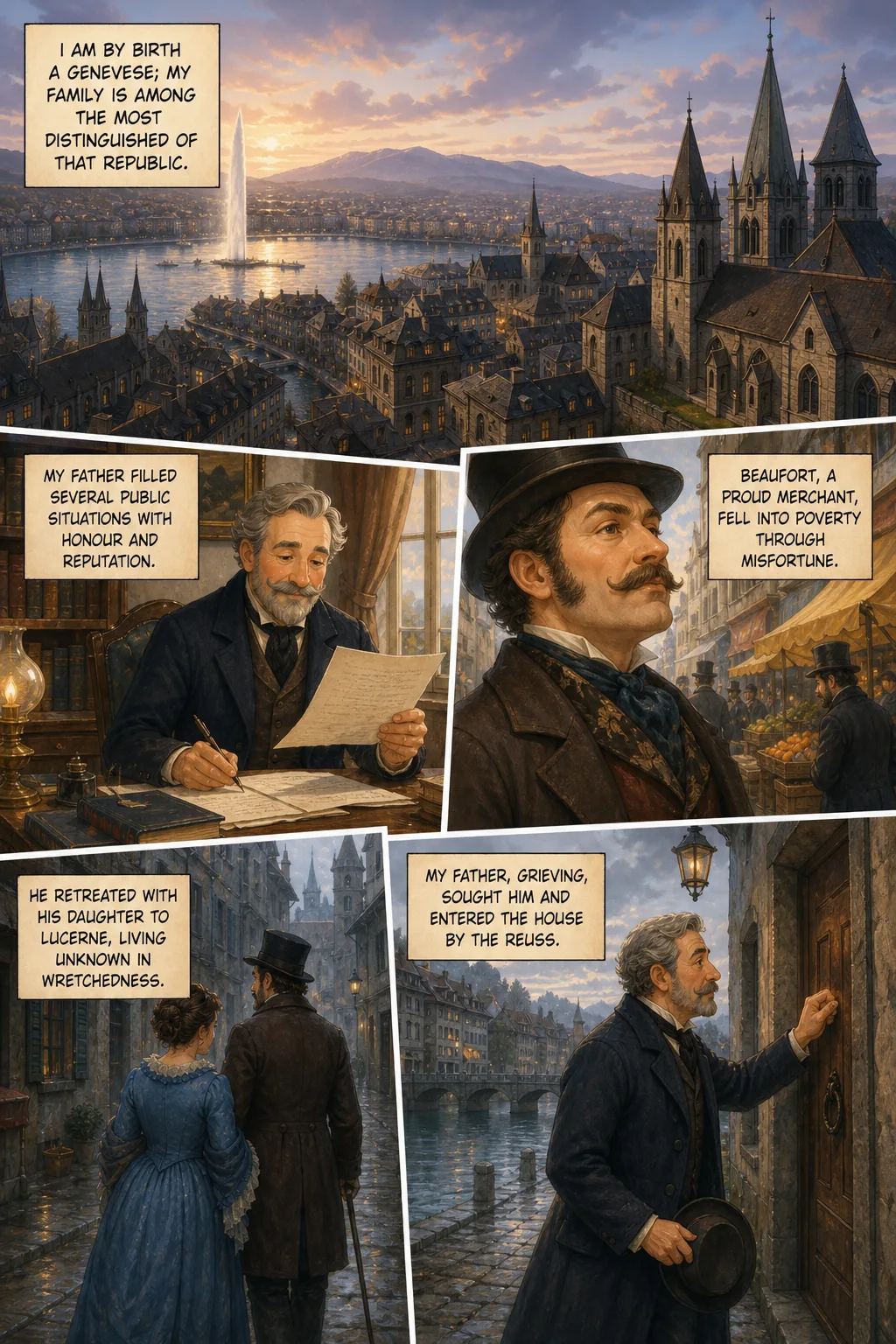 Frankenstein, illustrated page 10: I am by birth a Genevese; my family is among the most distinguished of that republic.