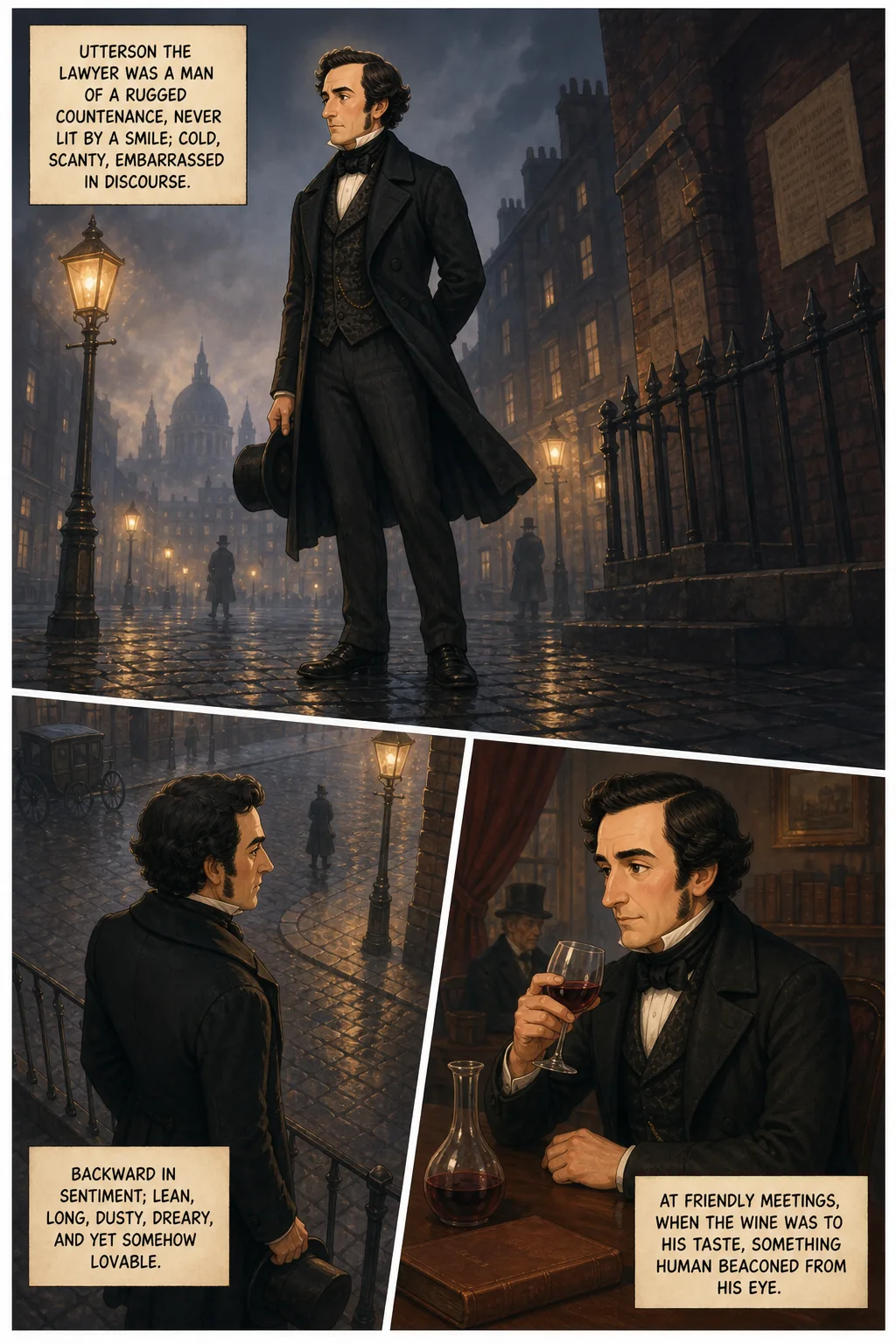 Dr. Jekyll and Mr. Hyde, illustrated page 1: Utterson the lawyer was a man of a rugged countenance, never lit by a smile; cold, scanty, embarrassed in discourse.