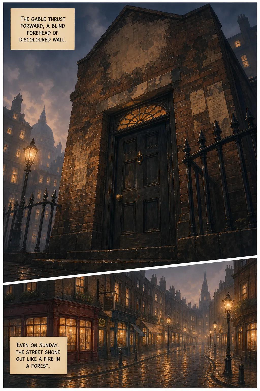 Dr. Jekyll and Mr. Hyde, illustrated page 8: The gable thrust forward, a blind forehead of discoloured wall.