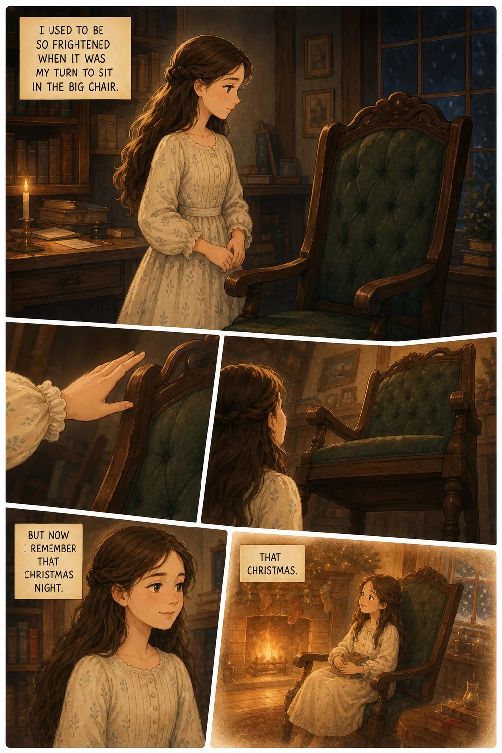 Little Women, illustrated page 2: I used to be so frightened when it was my turn to sit in the big chair