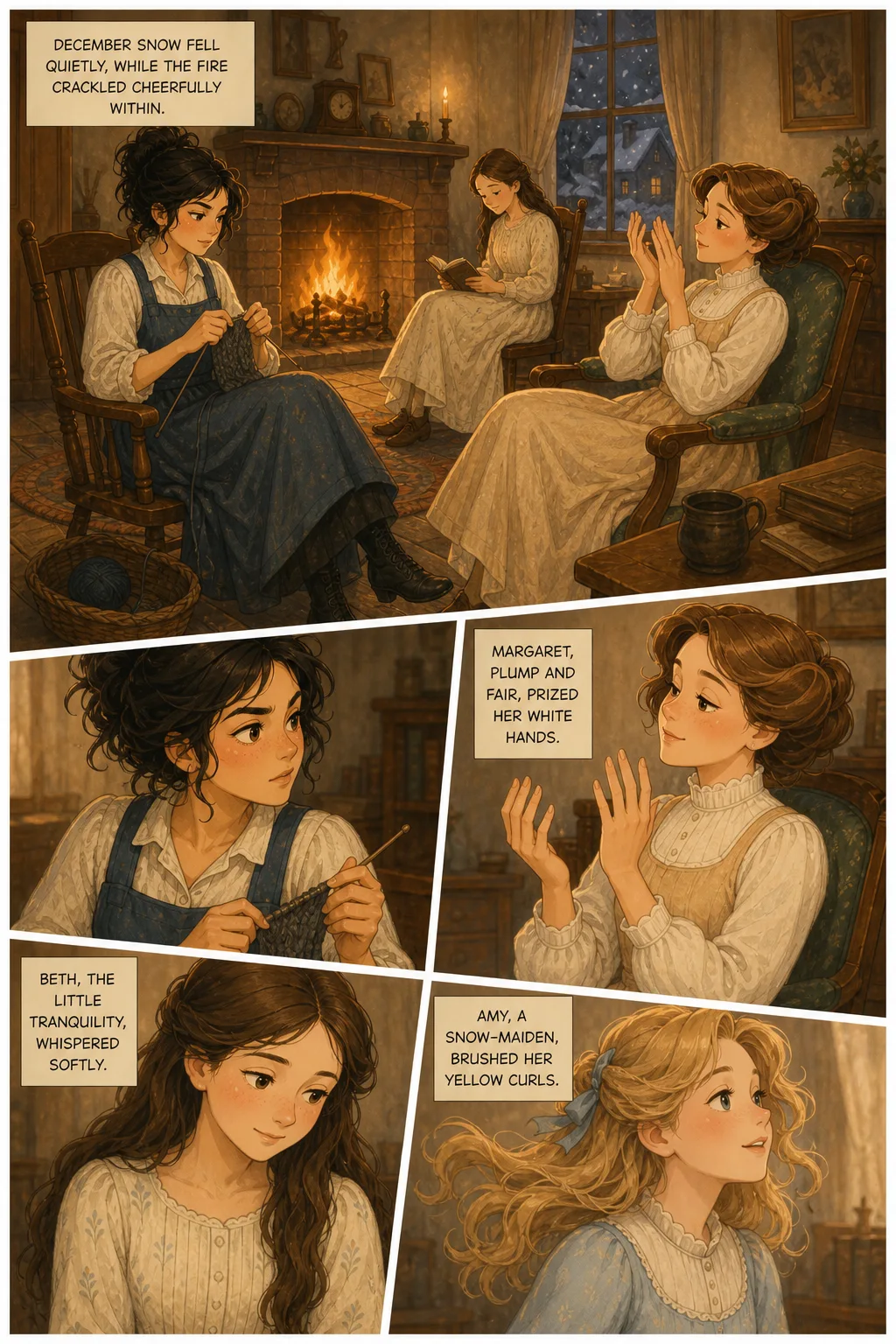 Little Women, illustrated page 11: December snow fell quietly, while the fire crackled cheerfully within.