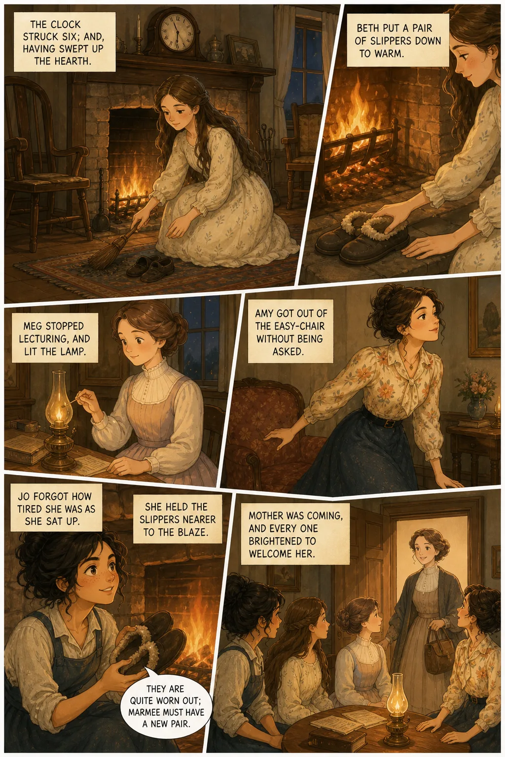 Little Women, illustrated page 12: The clock struck six; and, having swept up the hearth,