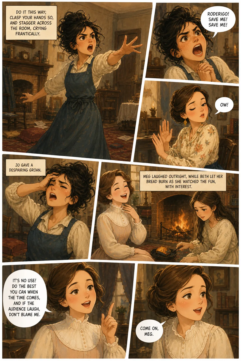 Little Women, illustrated page 15: Do it this way; clasp your hands so, and stagger across the room, crying frantically,