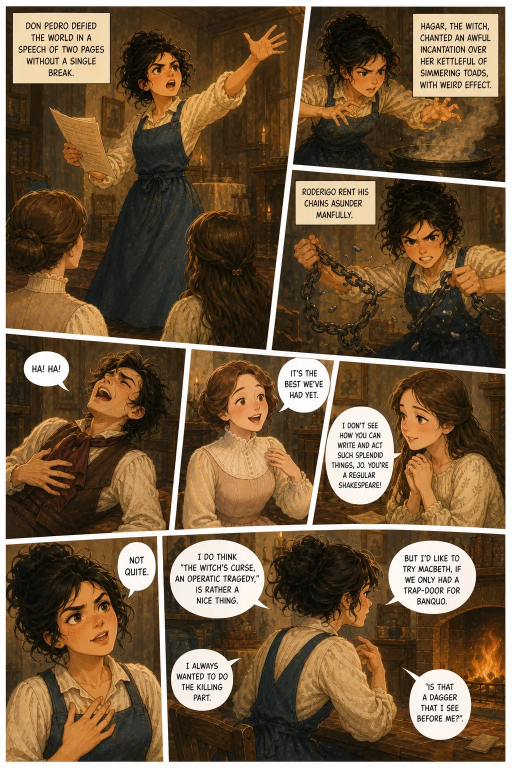 Little Women, illustrated page 16: Don Pedro defied the world in a speech of two pages without a single break.