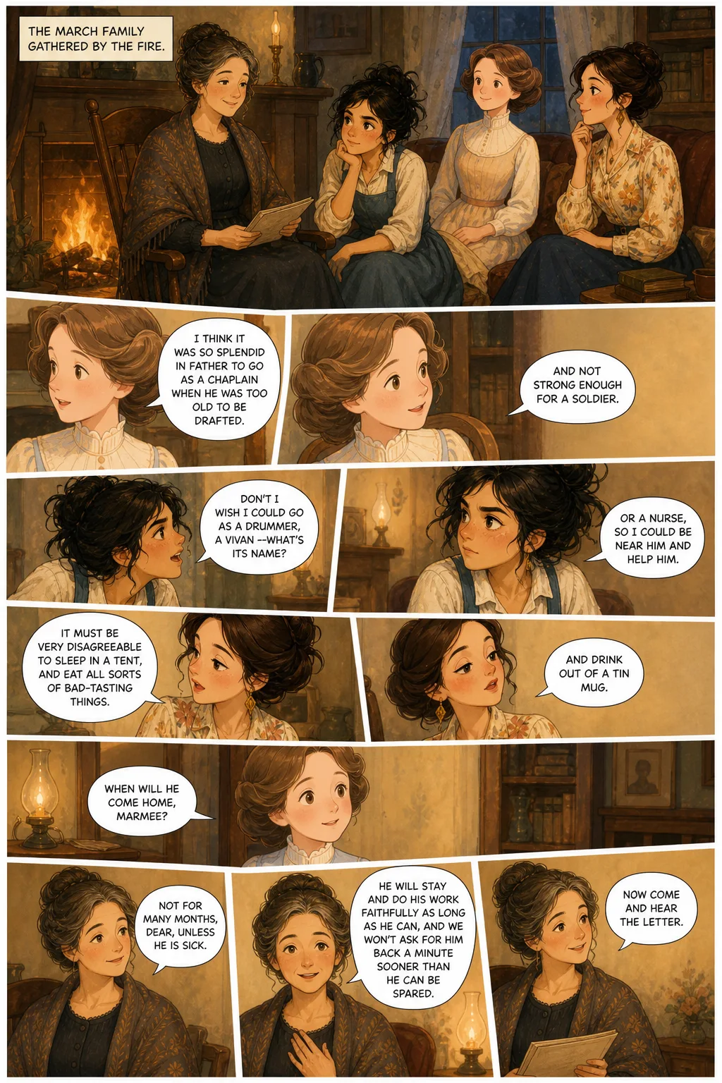 Little Women, illustrated page 19: The March family gathered by the fire.