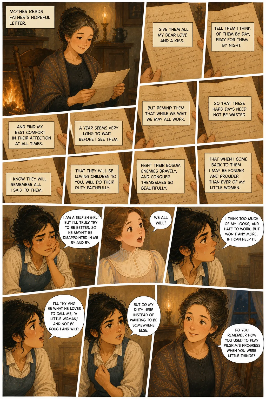 Little Women, illustrated page 20: Mother reads father's hopeful letter.