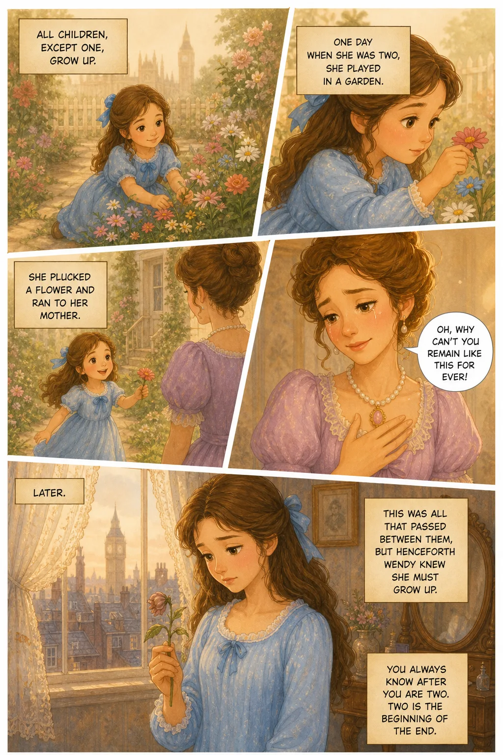 Peter Pan, illustrated page 1: All children, except one, grow up.