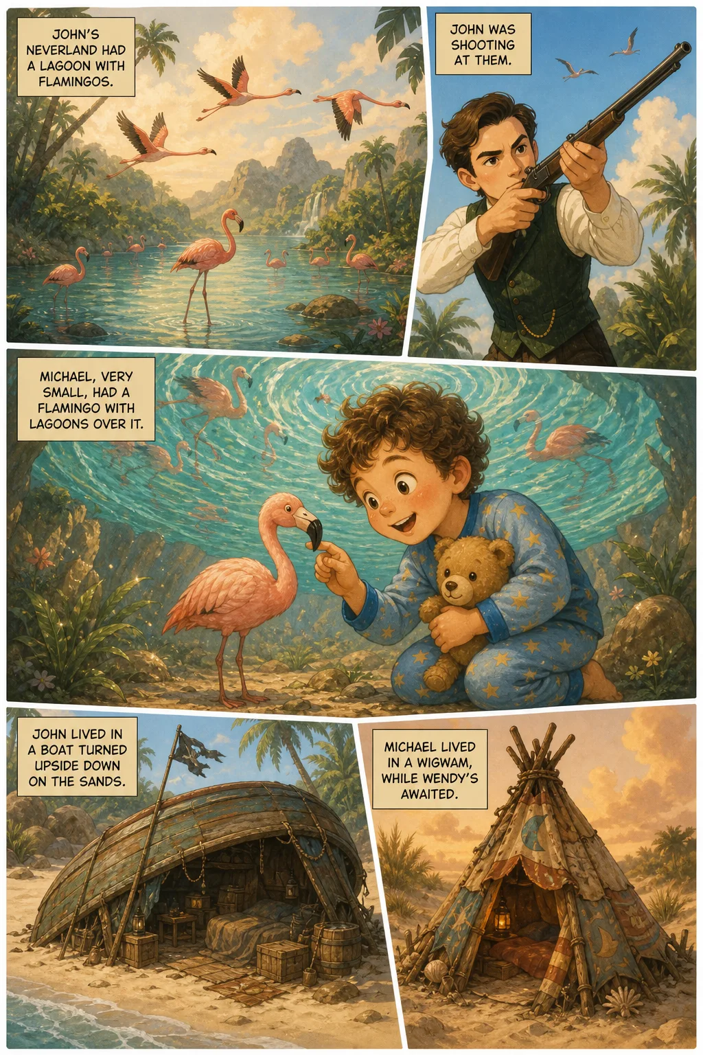 Peter Pan, illustrated page 11: John’s Neverland had a lagoon with flamingos.