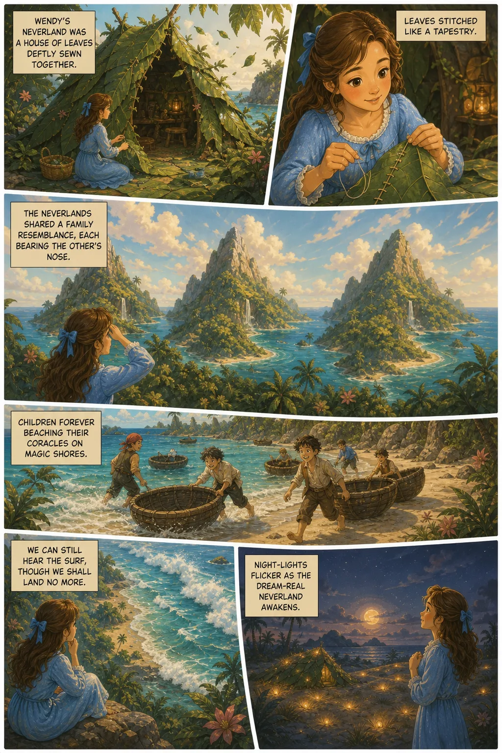 Peter Pan, illustrated page 12: Wendy’s Neverland was a house of leaves deftly sewn together.
