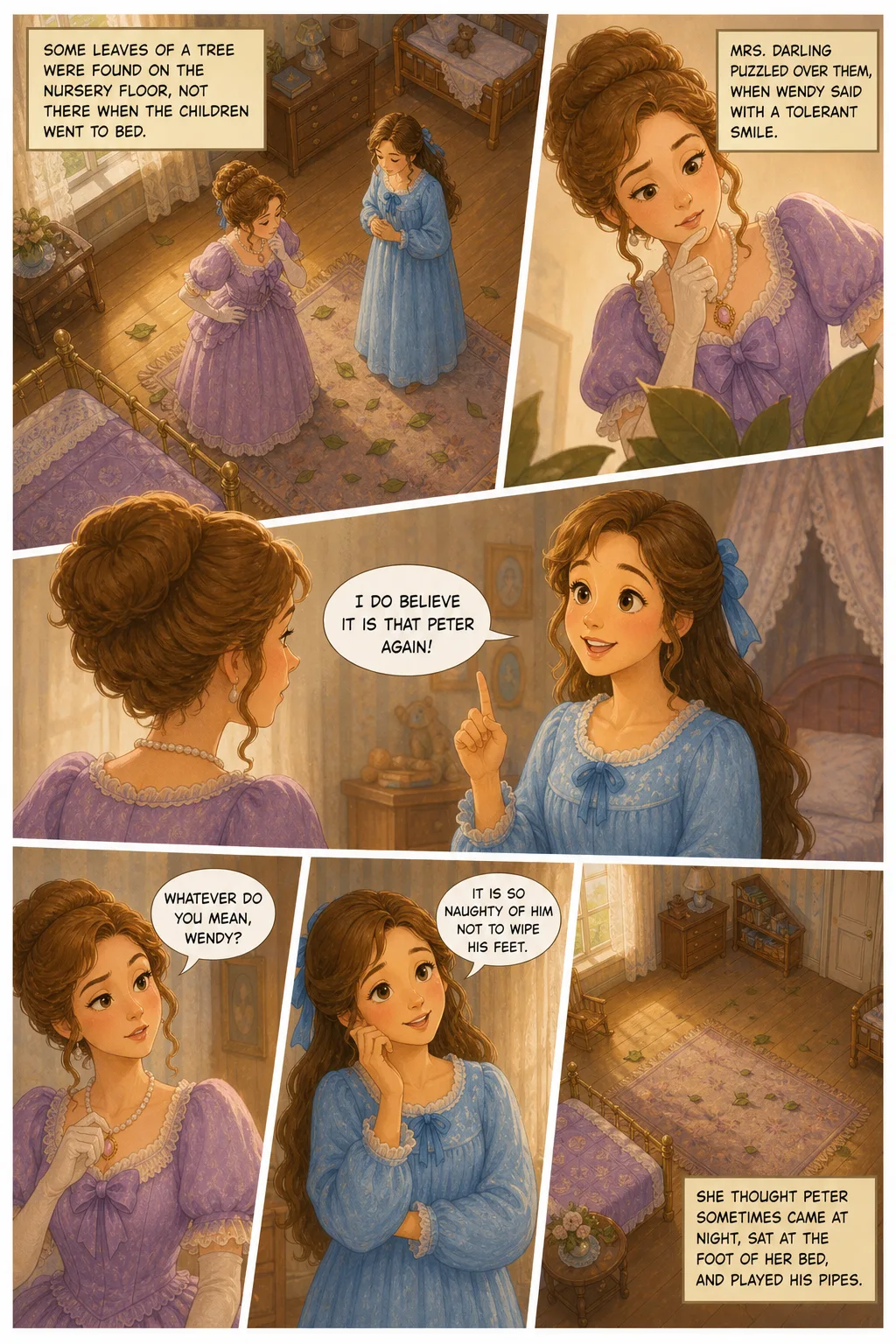 Peter Pan, illustrated page 13: Some leaves of a tree were found on the nursery floor, not there when the children went to bed.