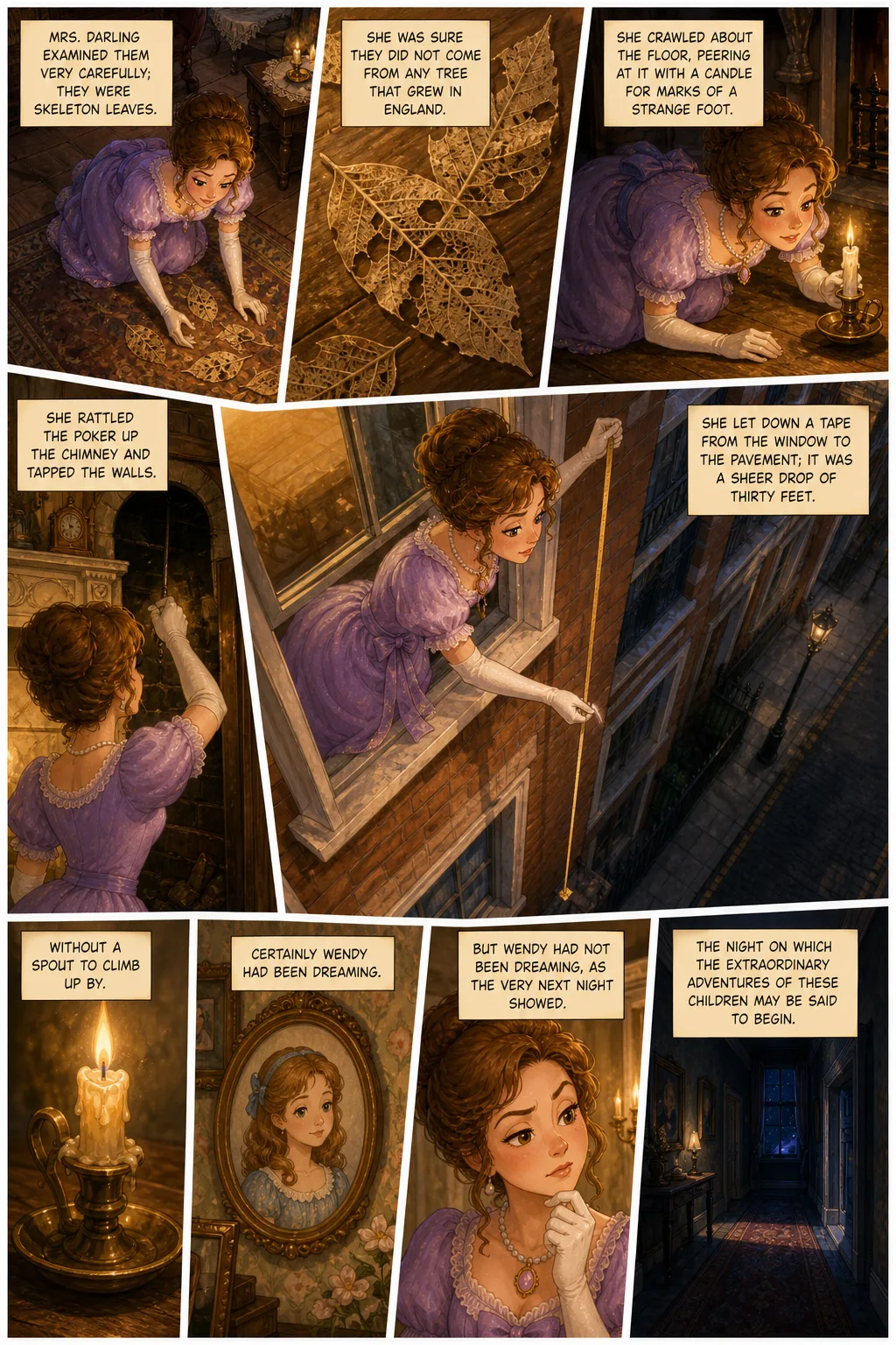 Peter Pan, illustrated page 15: Mrs. Darling examined them very carefully; they were skeleton leaves.