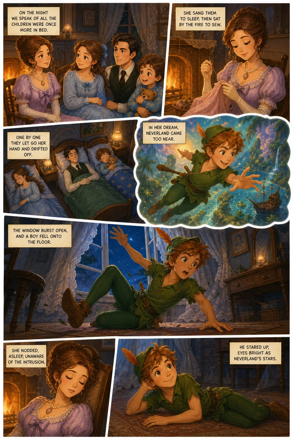 Peter Pan, illustrated page 16: On the night we speak of all the children were once more in bed.