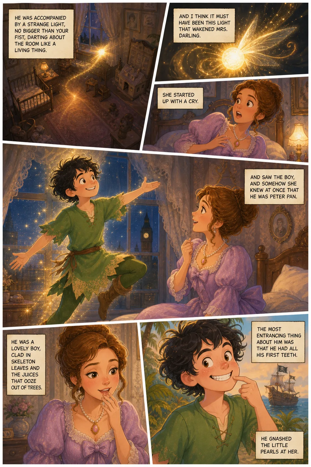 Peter Pan, illustrated page 17: He was accompanied by a strange light, no bigger than your fist, darting about the room like a living thing