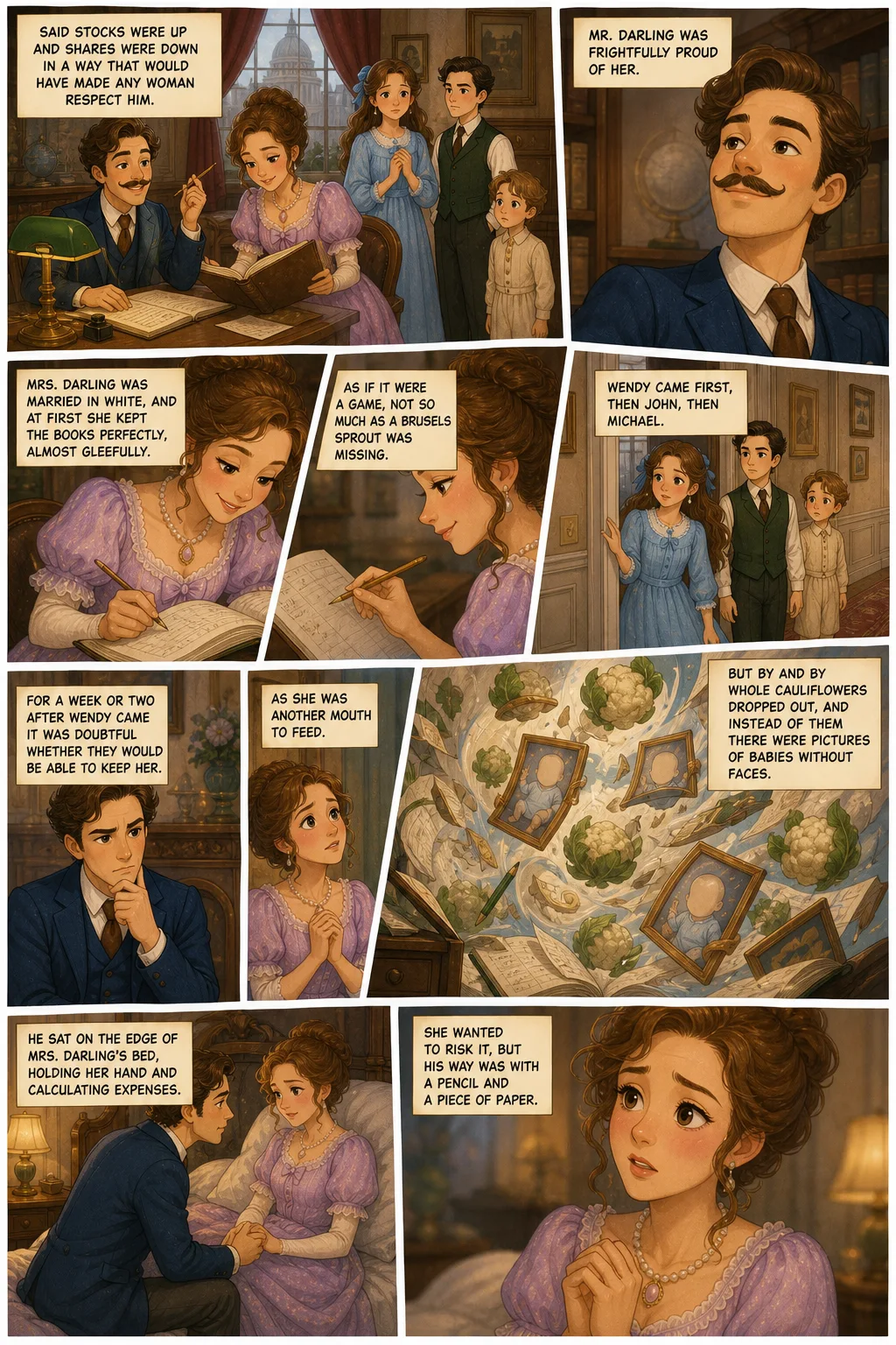 Peter Pan, illustrated page 3: said stocks were up and shares were down in a way that would have made any woman respect him.