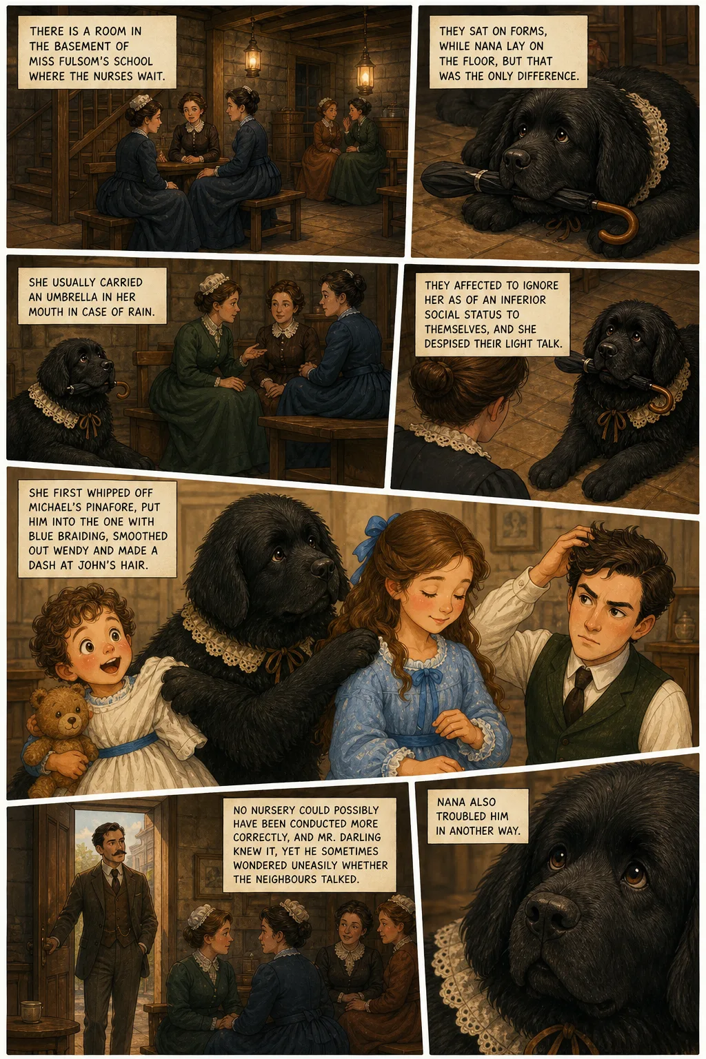 Peter Pan, illustrated page 7: There is a room in the basement of Miss Fulsom’s school where the nurses wait.