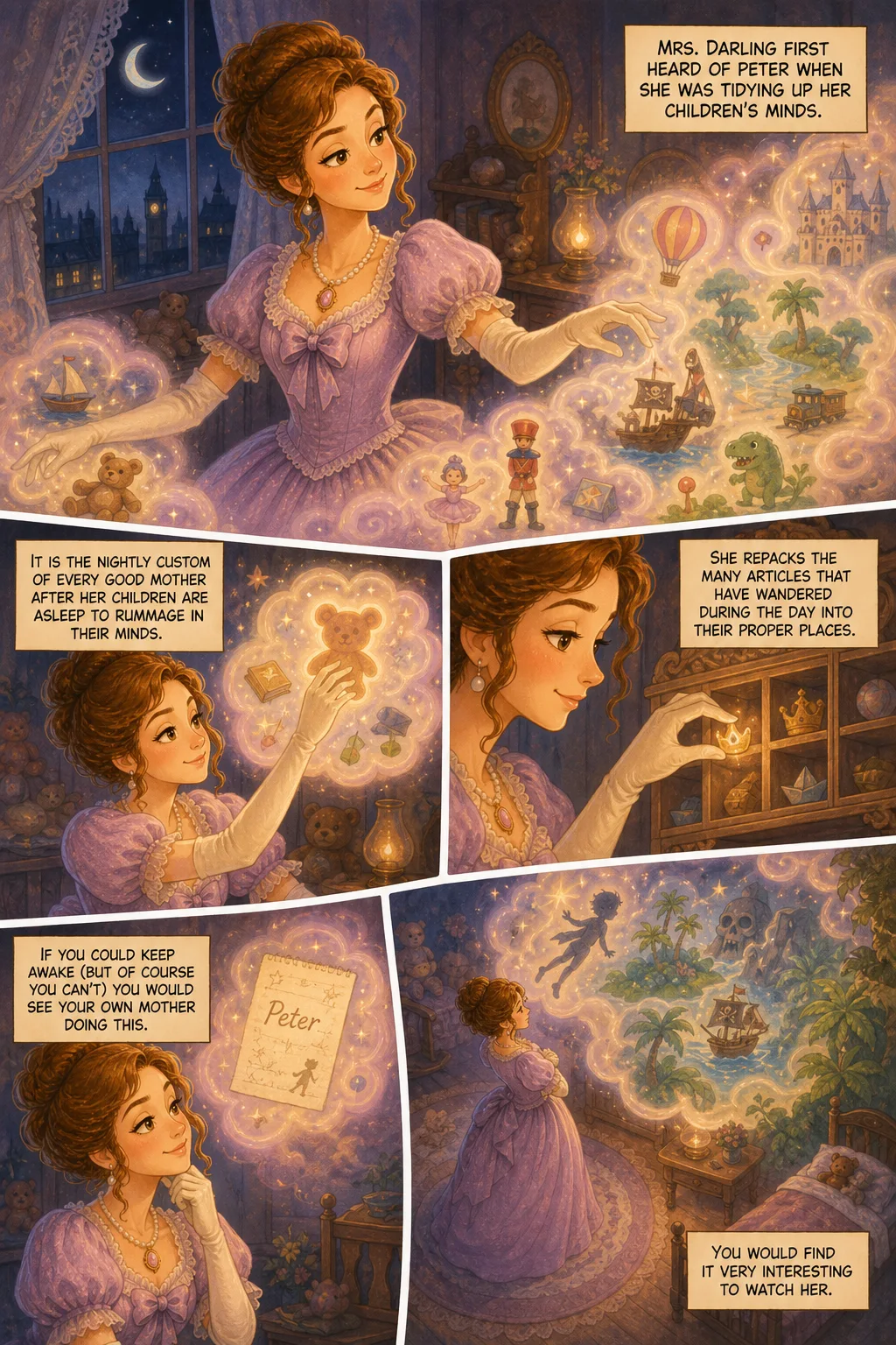 Peter Pan, illustrated page 9: Mrs. Darling first heard of Peter when she was tidying up her children’s minds.