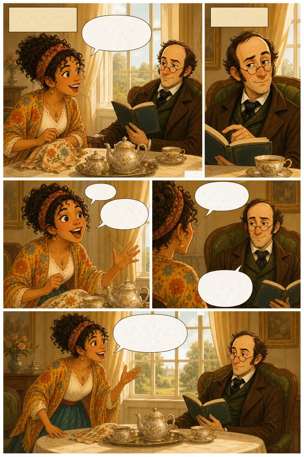 Pride and Prejudice, illustrated page 2: One day, at Longbourn.