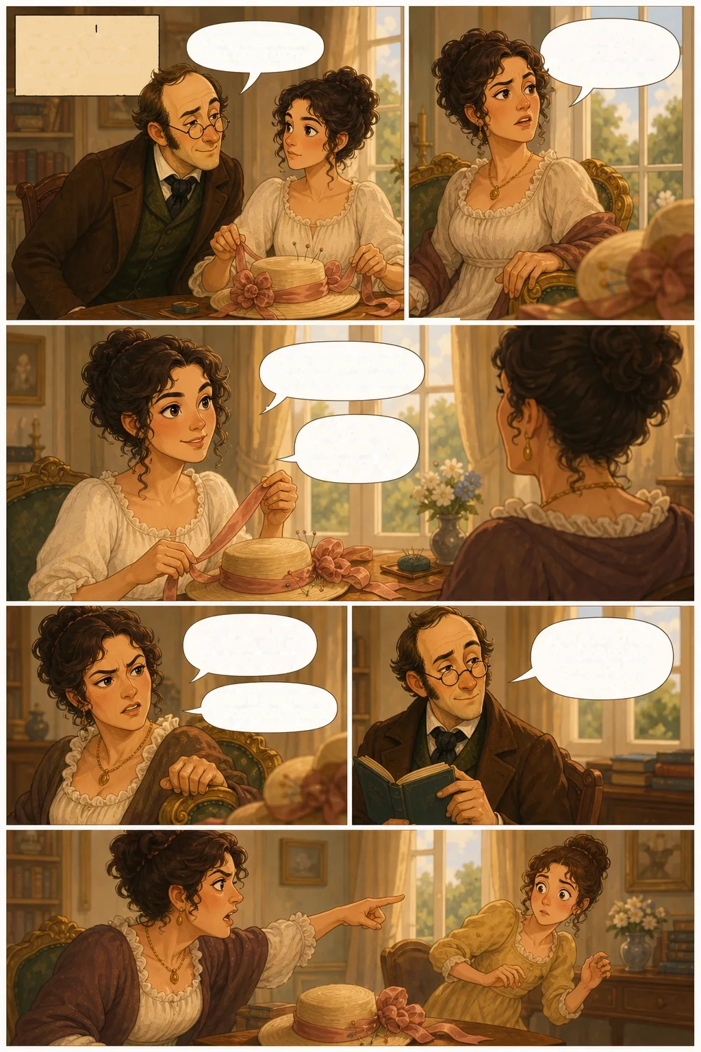 Pride and Prejudice, illustrated page 7: Elizabeth was trimming a hat.