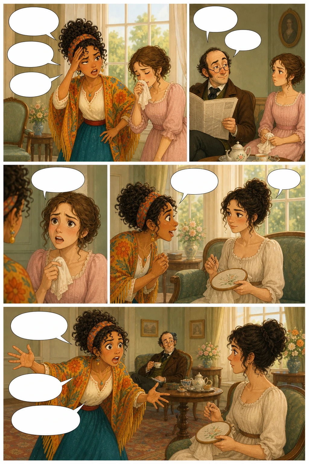 Pride and Prejudice, illustrated page 8: Stop coughing, Kitty, for heaven's sake!