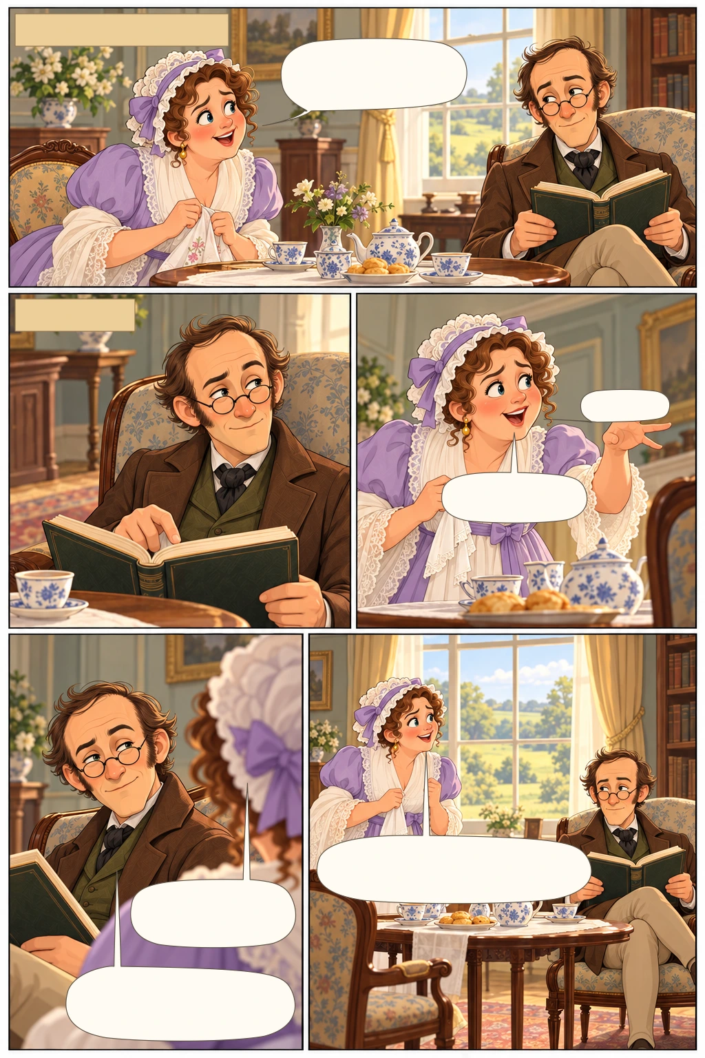 Pride and Prejudice, illustrated page 2: One day, at Longbourn.