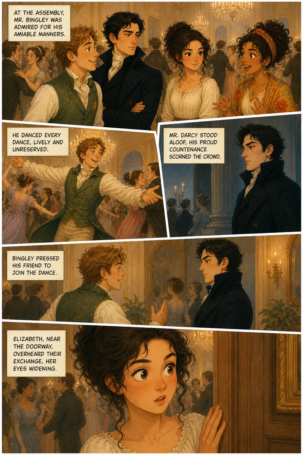 Pride and Prejudice, illustrated page 11: At the assembly, Mr. Bingley was admired for his amiable manners.