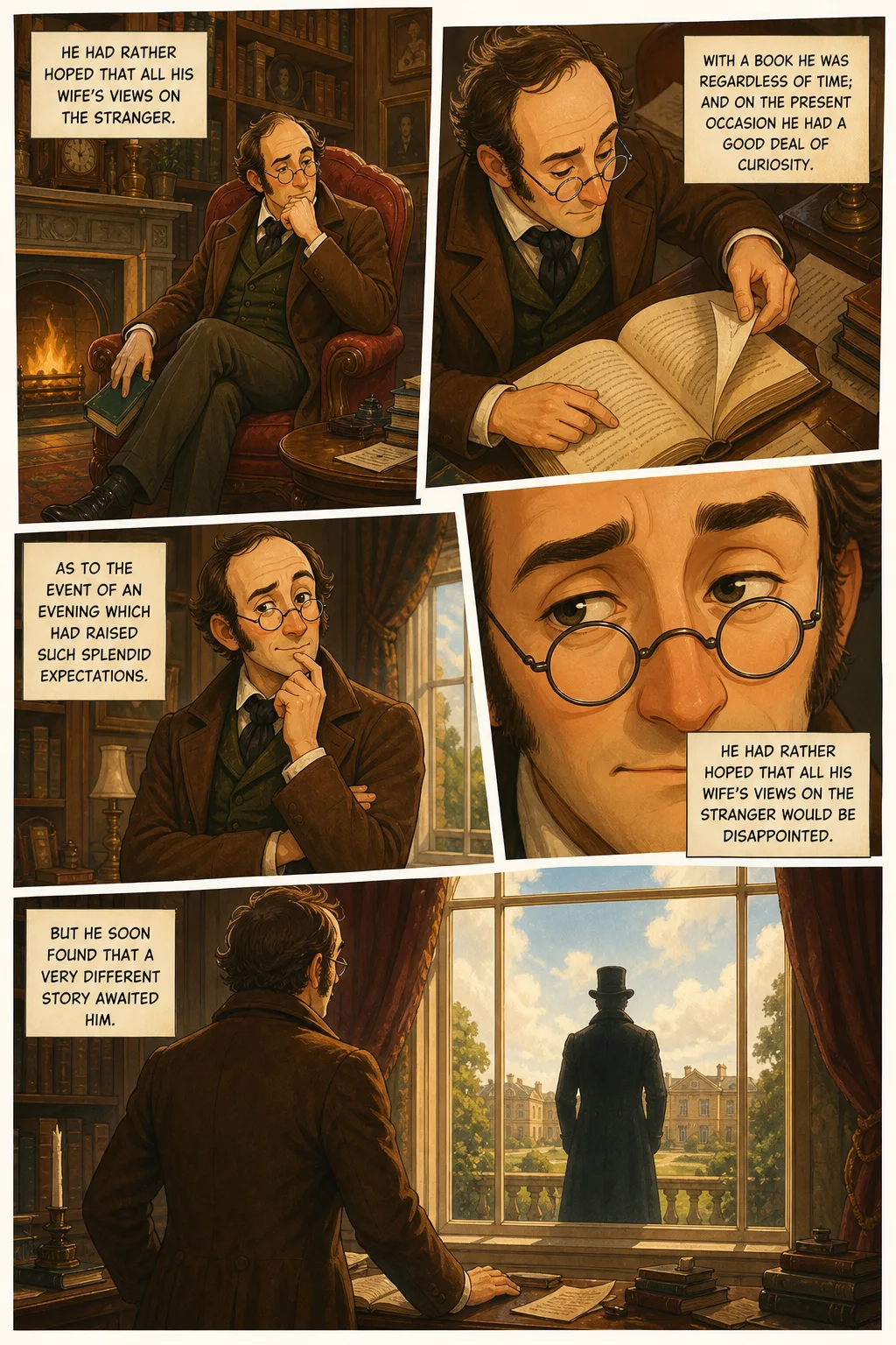 Pride and Prejudice, illustrated page 14: He had rather hoped that all his wife's views on the stranger