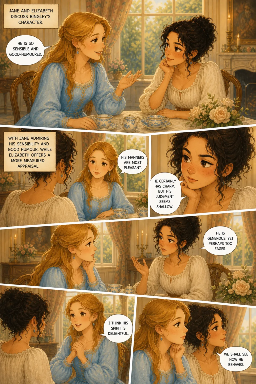 Pride and Prejudice, illustrated page 19: Jane and Elizabeth discuss Bingley’s character,