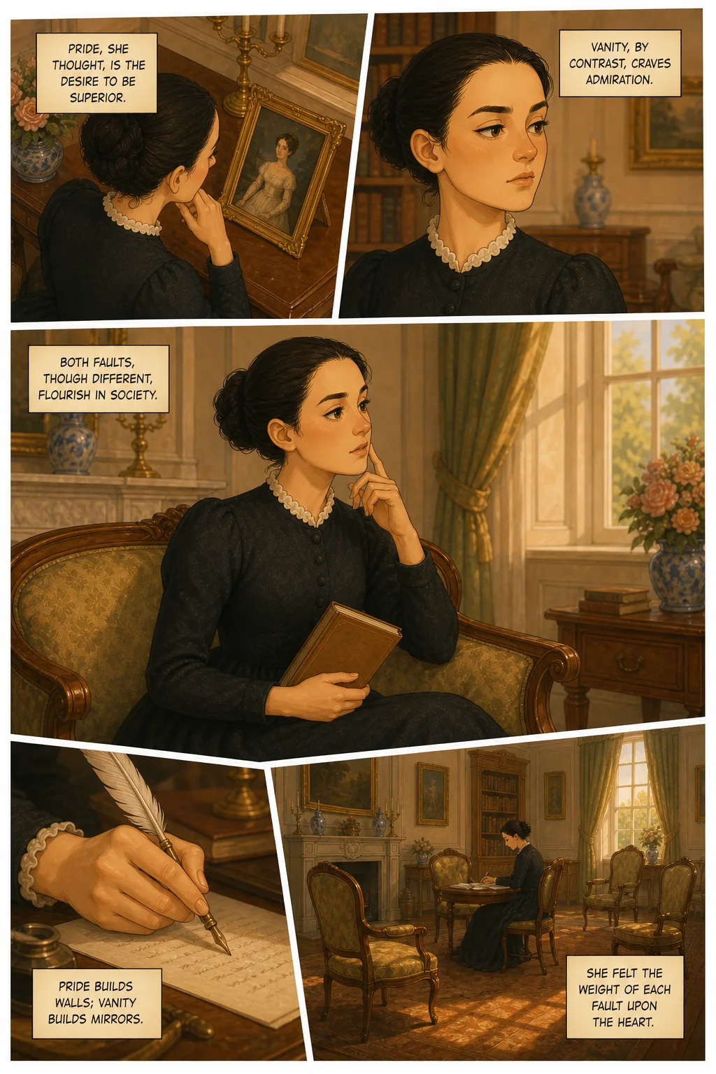 Pride and Prejudice, illustrated page 26: Pride, she thought, is the desire to be superior.