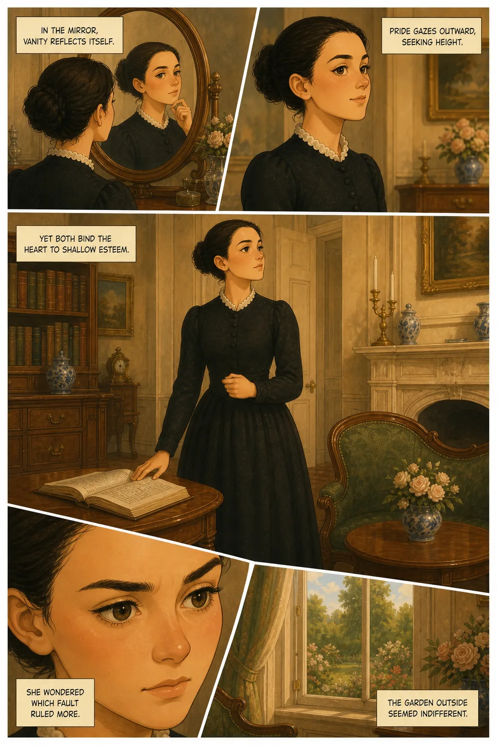 Pride and Prejudice, illustrated page 27: In the mirror, vanity reflects itself.