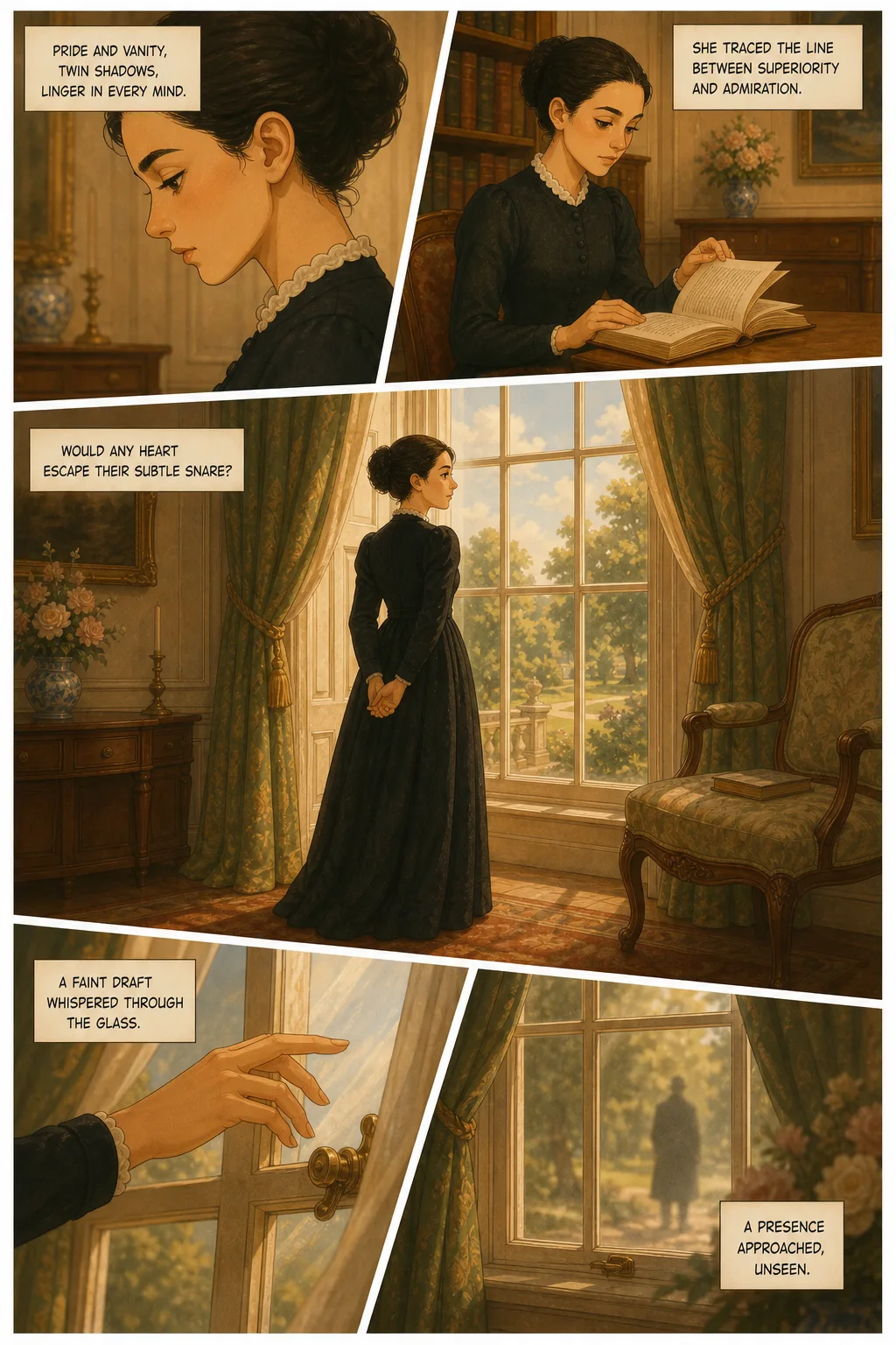 Pride and Prejudice, illustrated page 28: Pride and vanity, twin shadows, linger in every mind.