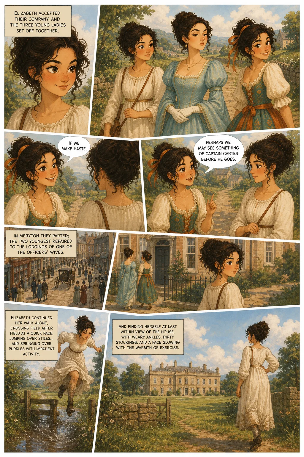 Pride and Prejudice, illustrated page 29: Elizabeth accepted their company, and the three young ladies set off together.