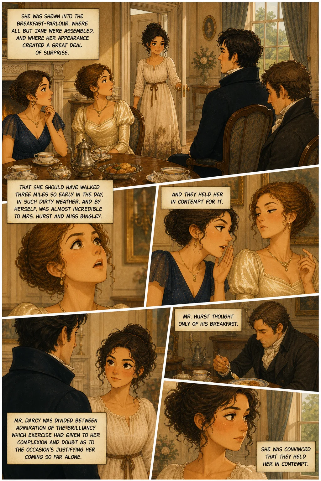 Pride and Prejudice, illustrated page 30: She was shewn into the breakfast-parlour, where all but Jane were assembled, and where her appearance created a great deal of surprise.