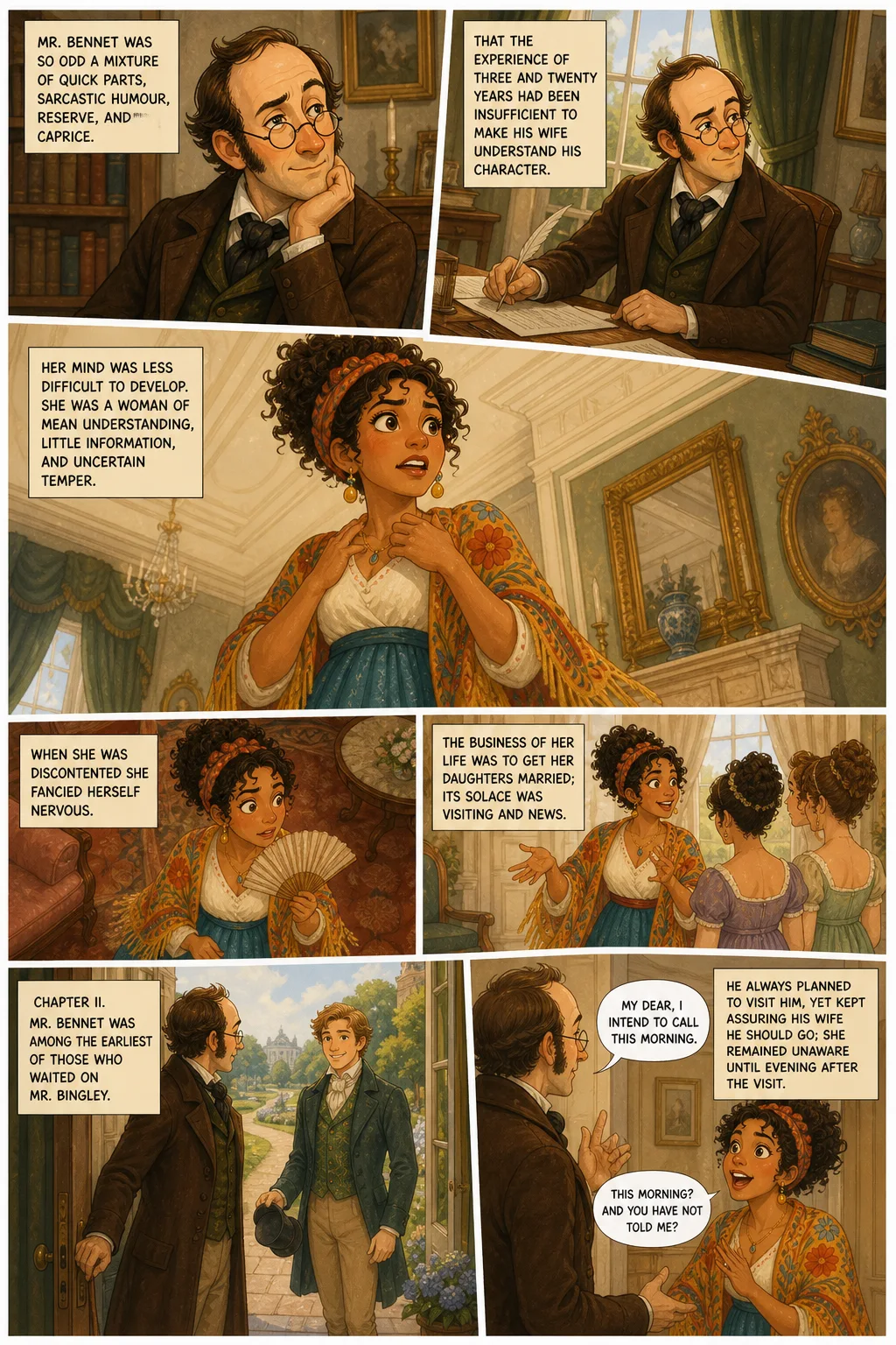 Pride and Prejudice, illustrated page 4: Mr. Bennet was so odd a mixture of quick parts, sarcastic humour, reserve, and caprice,