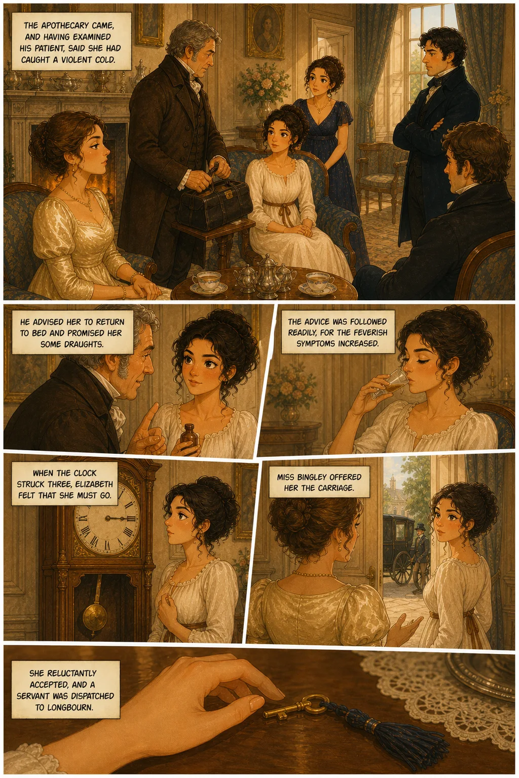 Pride and Prejudice, illustrated page 31: The apothecary came, and having examined his patient, said she had caught a violent cold.