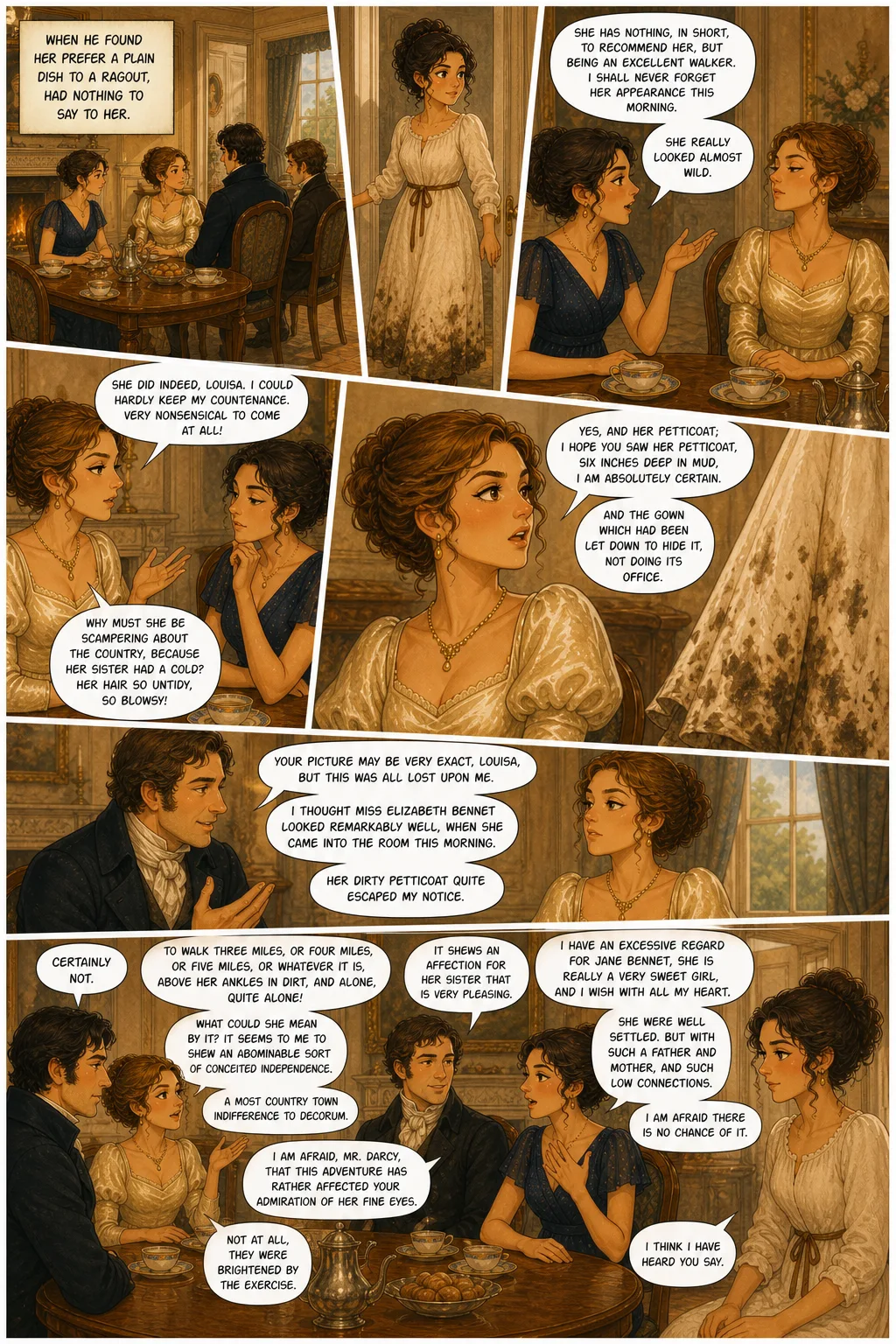 Pride and Prejudice, illustrated page 32: when he found her prefer a plain dish to a ragout, had nothing to say to her.