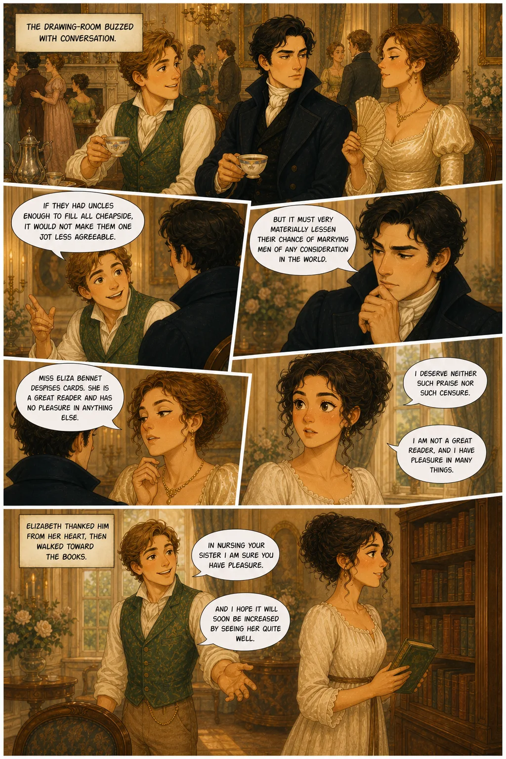 Pride and Prejudice, illustrated page 33: The drawing‑room buzzed with conversation.