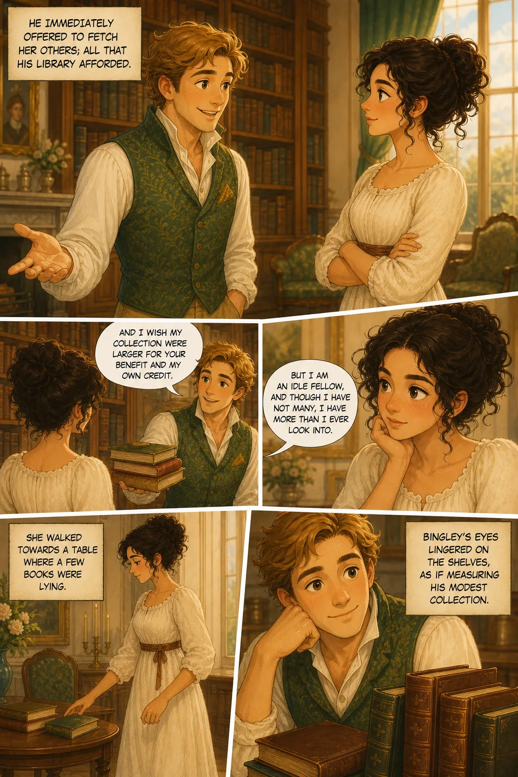 Pride and Prejudice, illustrated page 34: He immediately offered to fetch her others; all that his library afforded.