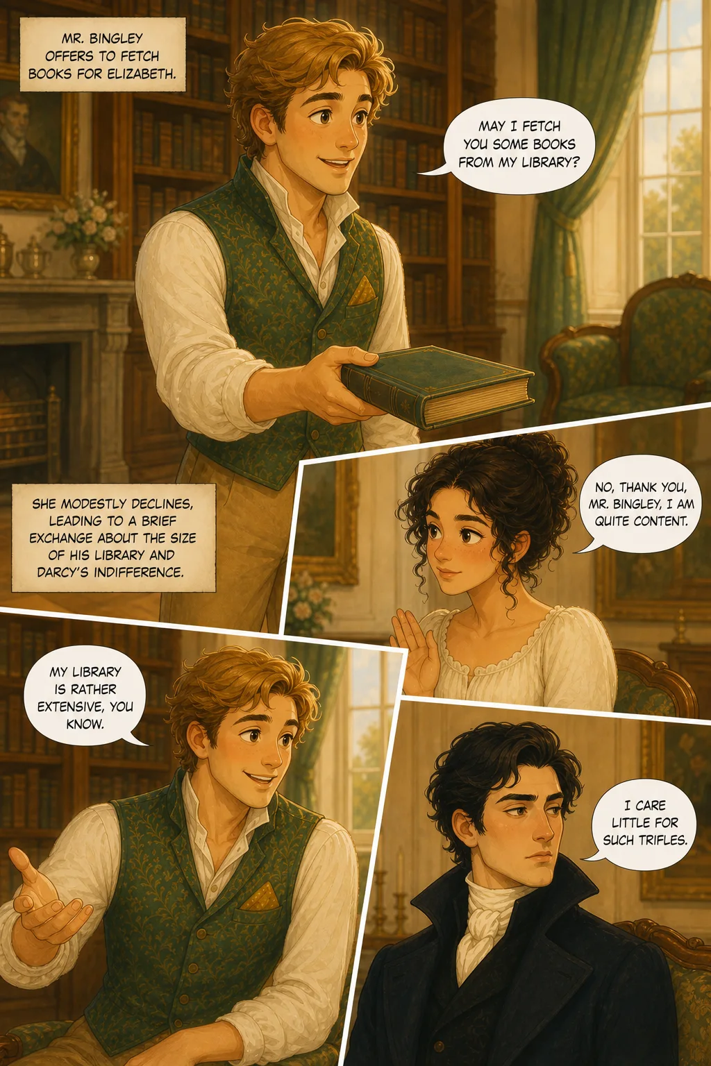 Pride and Prejudice, illustrated page 37: Mr. Bingley offers to fetch books for Elizabeth;