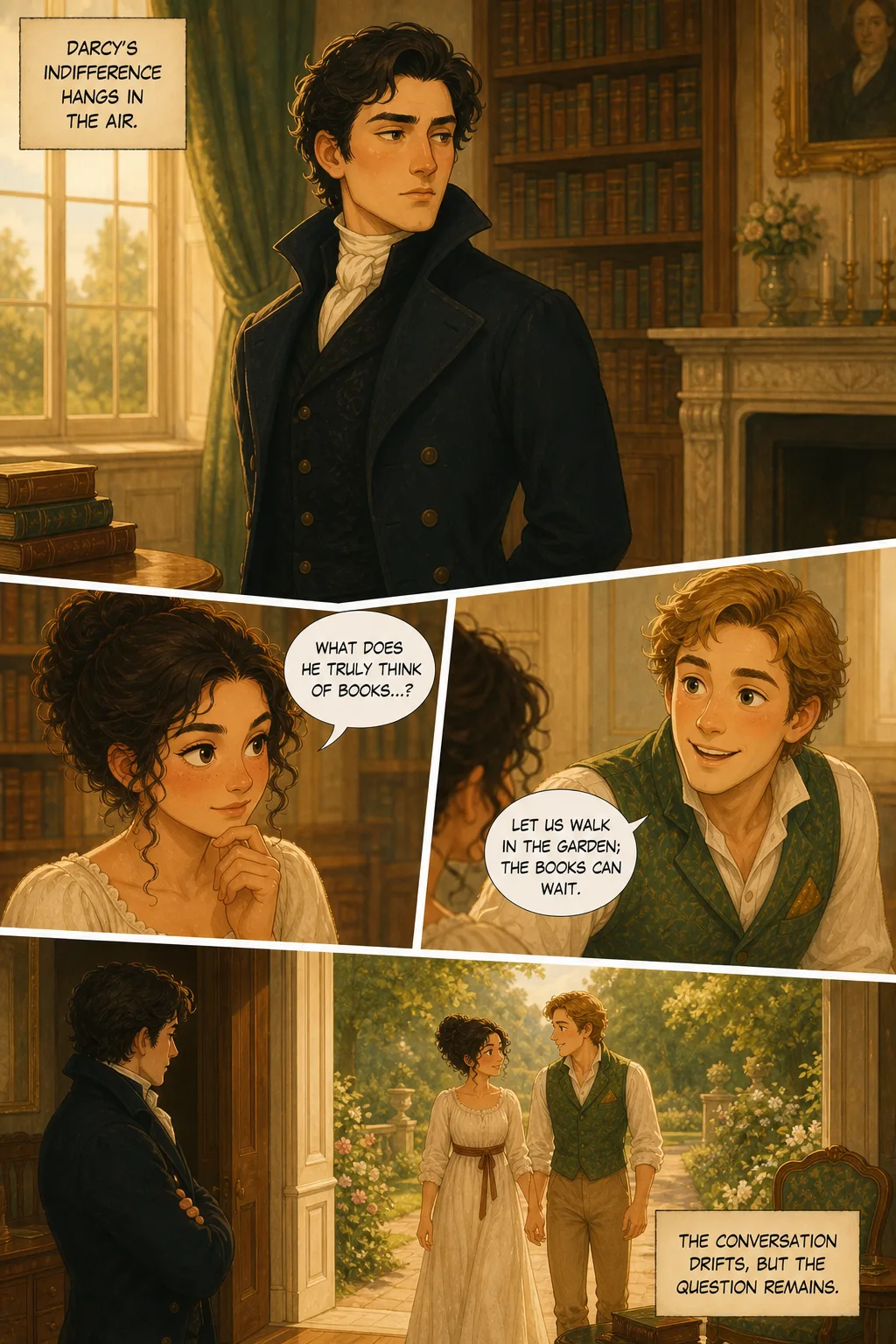 Pride and Prejudice, illustrated page 39: Darcy’s indifference hangs in the air.